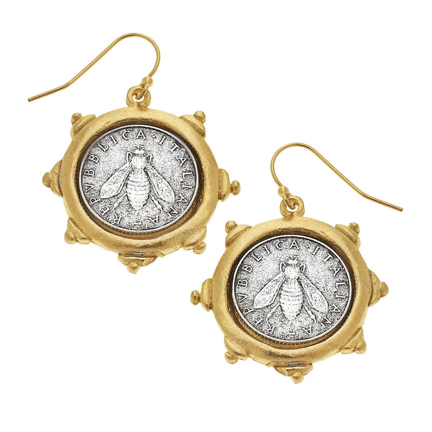Gold and Silver Bee Italian Coin Post Earrings
