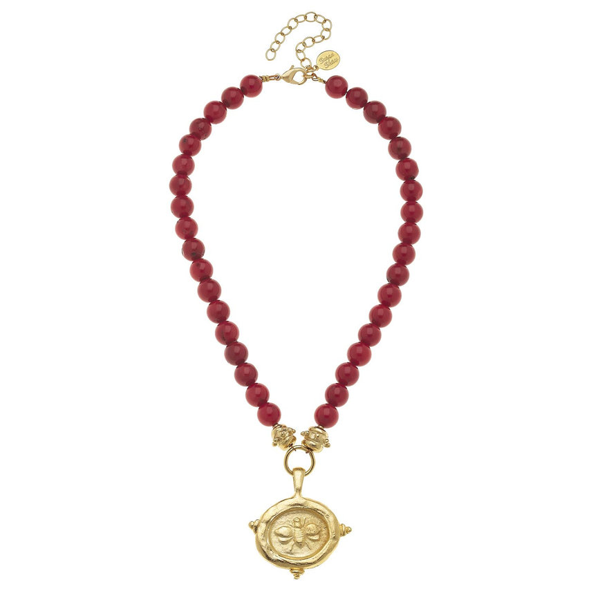 Red Coral with Italian Bee Intaglio Necklace